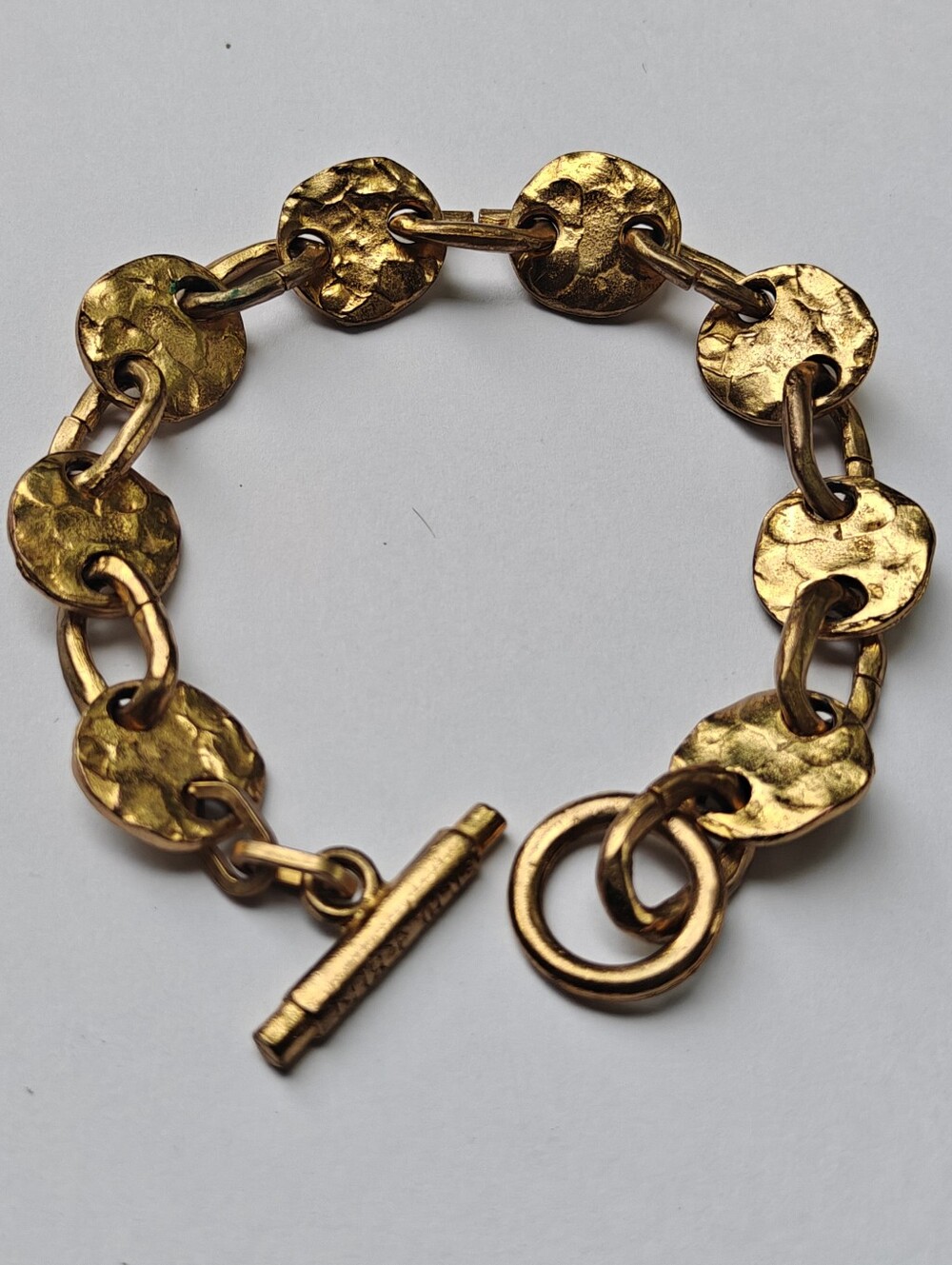 Vintage Signed Biche De Bere Paris Gold Tone Hammered Round Link Bracelet